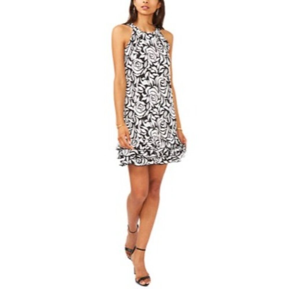 MSK Black & White Floral Oscar Neck Tiered Dress Womens Size L